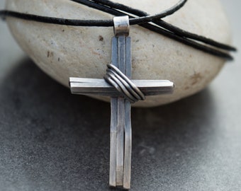 Handmade Sterling Silver Mens Cross Necklace: Rustic Leather Cord Pendant