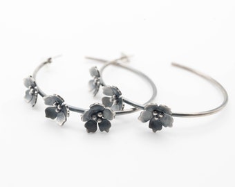 Sterling Silver Hoop Earrings Floral, Handmade Flower Post Earrings 40mm, Boho Artisan Jewelry