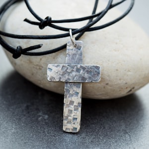Rustic Men’s Cross Necklace: Handmade Sterling Silver Pendant with Black Leather Cord