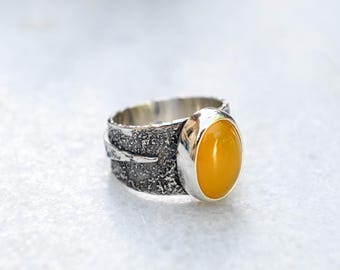 Yellow Chalcedony Silver Statement Ring, Handmade industrial oxidized womens silver band with stone