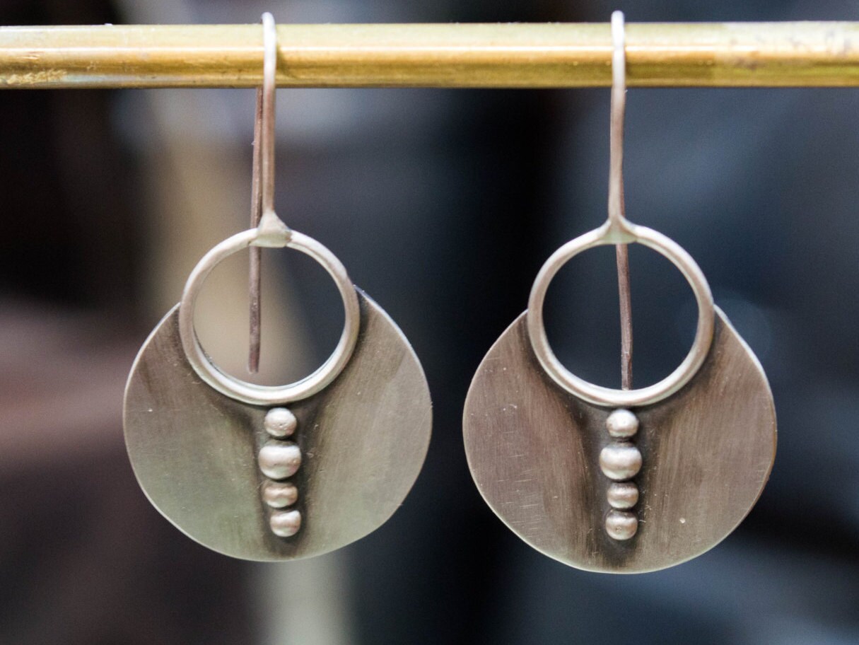 Orecchini Pendenti A Mezzaluna In Argento Sterling 925 - Tribali Boho Con Dischi A Spirale