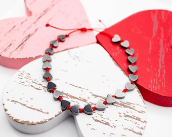 Macrame Bracelet with Hematite Hearts -  Handmade Adjustable Waxed Cord Bracelet - Valentine’s Day