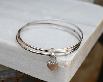 Sterling Silver Stackable Bracelets, Handmade Set of 3 Bangles with Dangle Heart