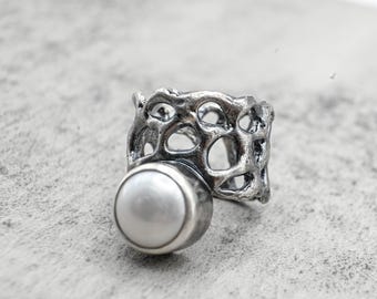 Freshwater Pearl Oxidized Sterling Silver Statement Ring, Organic Design