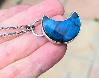 Sterling Silver Crescent Moon Necklace with Natural Blue Flash Labradorite Pendant