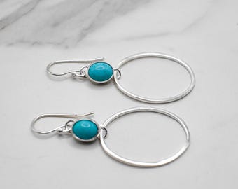Sterling Silver Turquoise Dangle Earrings, Large Boho Hoop Statement Jewelry for Women