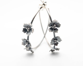 Hoop earrings silver, Flower silver earrings, Artisan hoop earrings in sterling silver, Handmade 40mm hoops