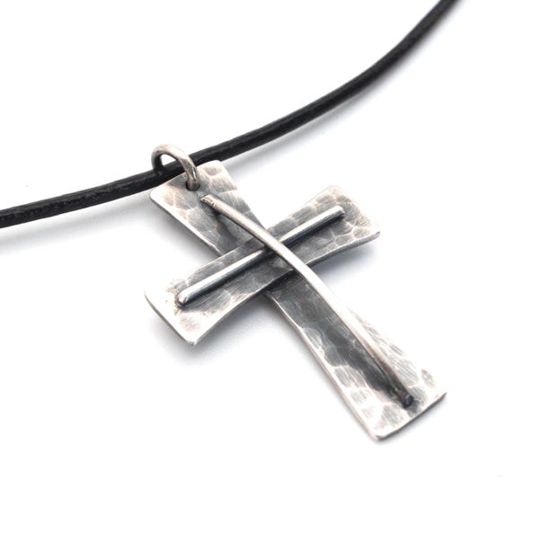 Sterling Silver Cross Necklace, 35x25mm Hammered Pendant on Black Leather Cord