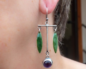 Amethyst sterling silver earring - Contemporary earrings - Enamel earrings