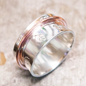 Flower Ring, Spinner ring, Sterling silver ring for women, Nature ring, Meditation spinning wide band, Anxiety worry fidget ring, Gift ideas