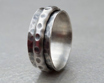 Spinner Ring Sterling Silver Oxidized, Anxiety Meditation Ring, Handmade Wide Band, Boho Unisex Fidget Ring