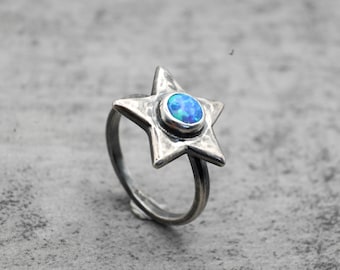 Blue Opal Star Ring, Oxidized Sterling Silver, Celestial Jewelry
