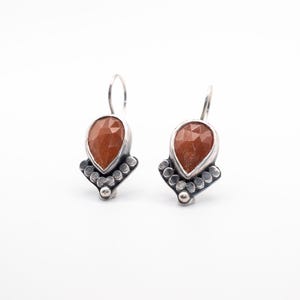 Handmade Peach Moonstone Sterling Silver Dangle Earrings: Oxidized Gemstone Jewelry