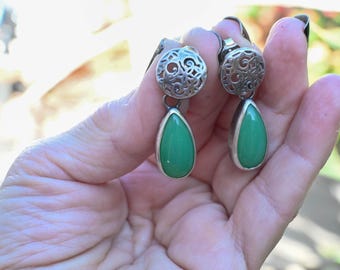 Oxidized Sterling Silver Earrings with Pear Shape Green Chalcedony, Handmade artisan