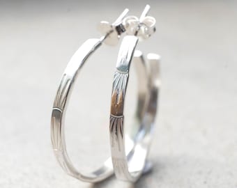 Hammered Stud Hoops 35mm, Boho Jewelry, Sun Earrings Sterling Silver