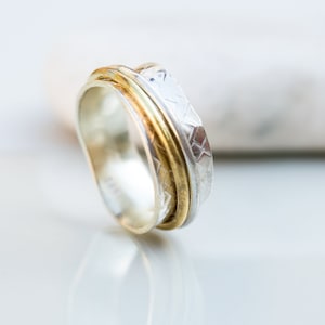 Mixed metal ring, Spinner ring, Brass and silver ring, Elegant spinner, Textured silver ring, Two-tone ring, Meditation ring, Anxiety ring