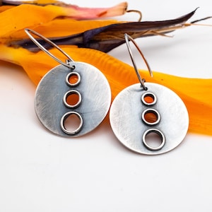 Handmade Oxidized Sterling Silver Disc Earrings, Minimalist Dangle