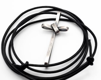 Sterling Silver Cross Necklace:  Rustic Unisex Pendant 55x20mm on Genuine Leather Cord