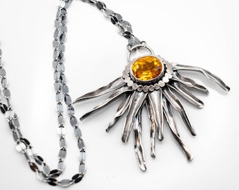 Flower Necklace, Large Silver Statement Pendant, Handmade boho jewelry, one of a kind