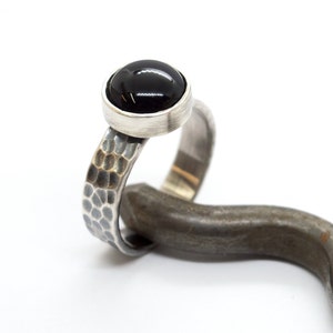 Handmade Sterling Silver Black Onyx Ring: Hammered Band