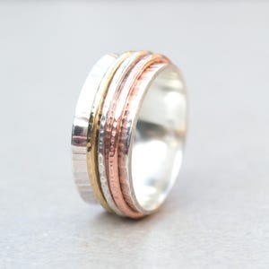 Sterling Silver Spinner Ring, Mixed Metal Fidget Band for Anxiety Relief, Hammered Meditation Jewelry