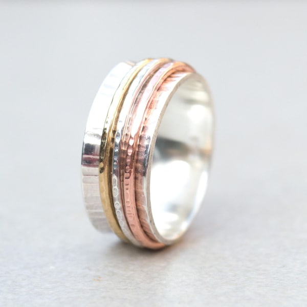 Sterling Silver Spinner Ring, Mixed Metal Fidget Band for Anxiety Relief, Hammered Meditation Jewelry