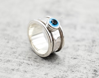 925 sterling silver evil eye spinner ring, 12mm wide band anxiety fidget jewelry