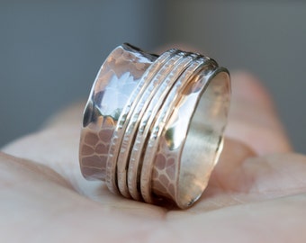 Hammered silver ring - Wide band ring