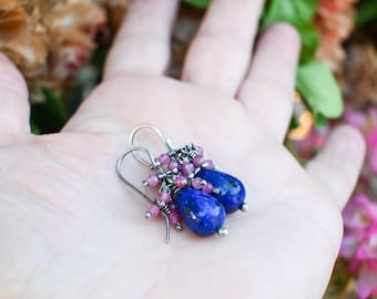 Sterling Silver Cluster Earrings with Lapis Lazuli & Pink Topaz
