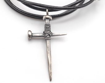 Handmade Sterling Silver Nail Cross Pendant – Rustic Leather Necklace