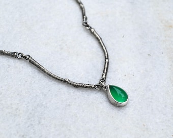 Green Onyx Branch Necklace, Sterling Silver Nature Pendant, Handmade Botanical Jewelry