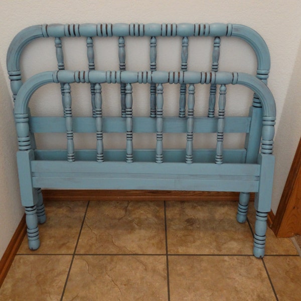 Antique Jenny Lind Twin Size Spindle Headboard & Footboard Painted Shabby Distressed Blue ON SALE for a limited time