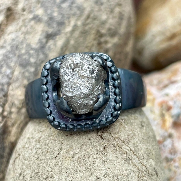 Men’s Solitaire Design with Large Rough Raw Sparkling Gray Natural Diamond in Oxidized Sterling Silver Wedding Engagement Ring Sz 9.25