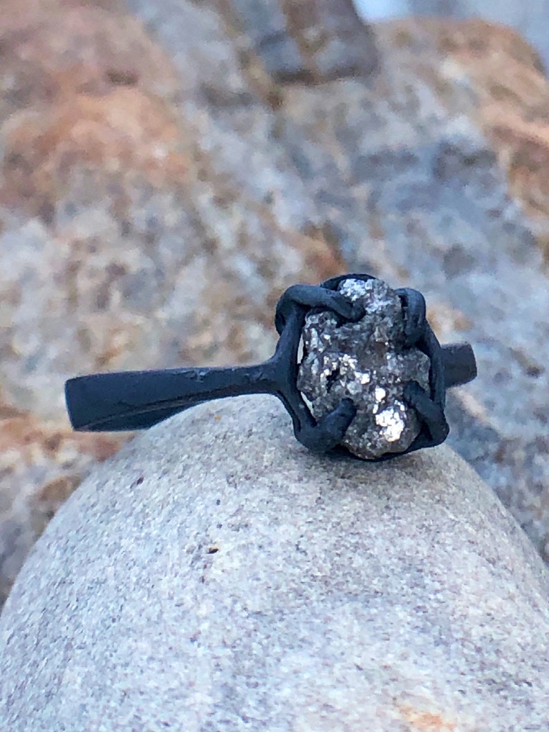 Oval Shaped Rough Raw White Gray Natural Diamond in Dark Black Oxidized and Texturized Silver Size 6.75 Engagement Promise Wedding Ring