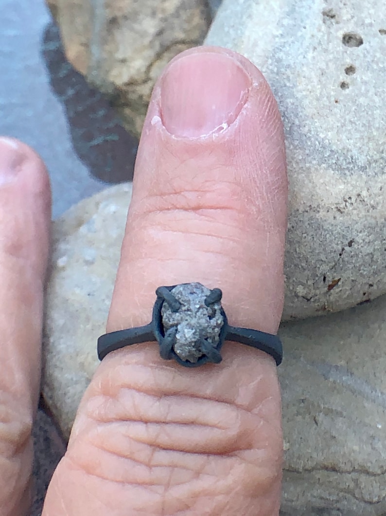 Oval Shaped Rough Raw White Gray Natural Diamond in Dark Black Oxidized and Texturized Silver Size 6.75 Engagement Promise Wedding Ring