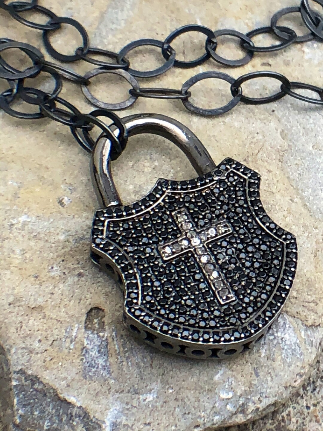 Sterling Silver Padlock With Cross Pendant Pavé Set With Black Spinel ...