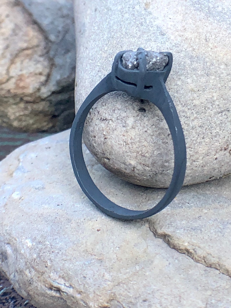 Oval Shaped Rough Raw White Gray Natural Diamond in Dark Black Oxidized and Texturized Silver Size 6.75 Engagement Promise Wedding Ring