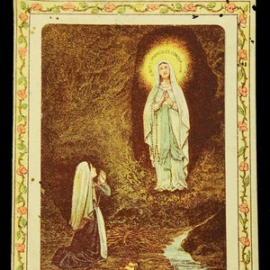 Publicité et carte sainte vintage Notre-Dame de Lourdes pour magasin catholique