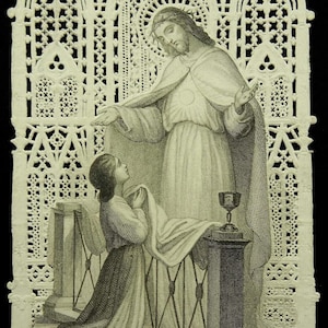 Jesus Host in der Brust Erstkommunion Mädchen Antike Spitze Heilige Karte Canivet Französisch