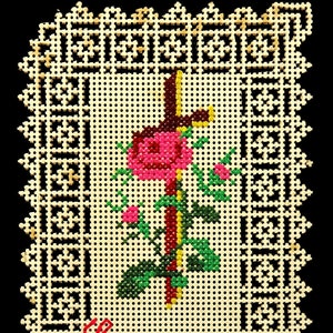 Croix avec Rose Brodée Carte de Prière Sainte Faite à la Main Souvenir Antique
