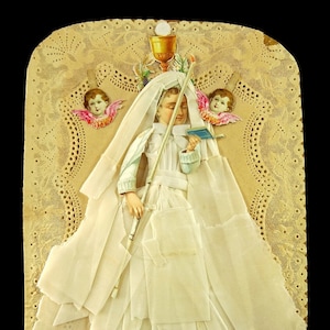 Victorian Girl First Communion Cherubs Paper Dress 3D Lace Large Antique Card