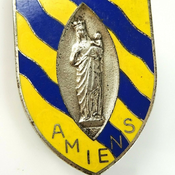 Amiens Vintage Shield Brooch Pin Golden Virgin Vierge Doree Blue Yellow