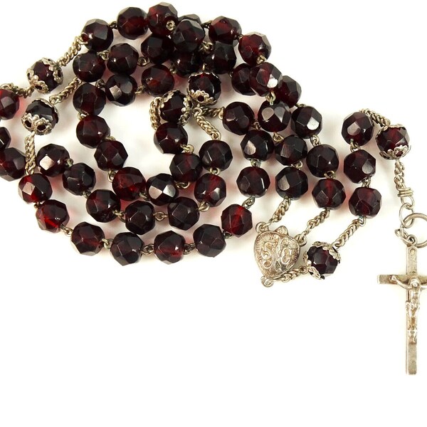 Antique Silver Rosary Dark Red Glass Beads Puffed Sacred Heart Center Medal