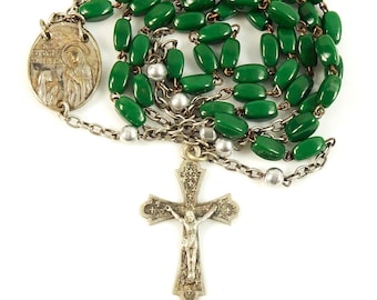 Lourdes Souvenir Rosary Vintage Smooth Forest Green Satin Beads