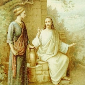 Carte de prière sainte femme au puits avec Jésus vintage NOS anglais St Jean VI