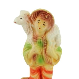 Vintage Shepherd Boy Ceramic Nativity Figurine Lamb on Shoulders
