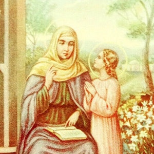 Carte de prière sainte vintage des années 1930 Sainte Anne avec la jeune Marie
