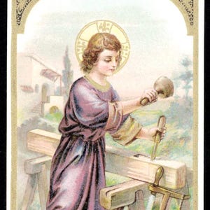Carte sacrée allemande antique jeune menuisier menuisier ou petit marque-page