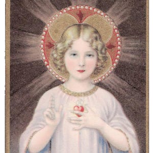 Enfant Garçon Jésus Sacré-Cœur Halo Doré Doré Vintage Carte Sainte Dos Blanc