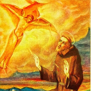 Carte de prière sainte vintage allemande Saint François d'assise recevant des stigmates